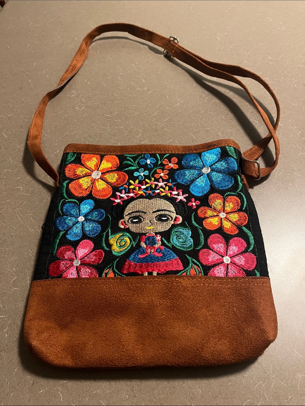 Embroidered Suede Floral Crossbody Bag in Multicolors